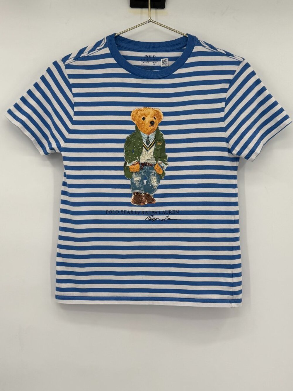Polo Ralph Lauren Boys Polo Bear Striped Graphic T Shirt Blue White M 10/12
